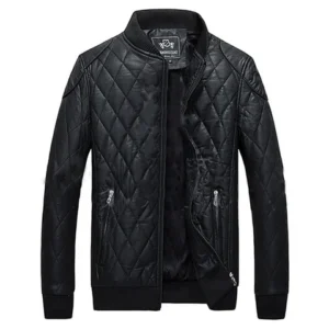 Men's Black Quilted Leather Bomber Jacket