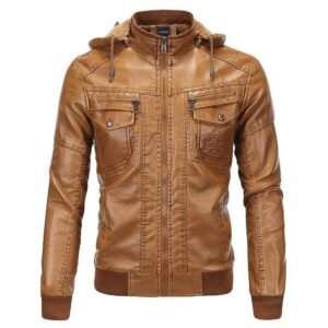 Men's Tan Leather Hooded Bomber Jacket