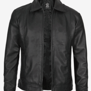 Men's Classic Black Leather Jacket with Collar