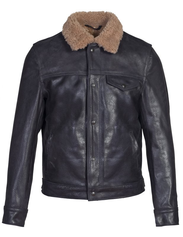 Men's Black Distressed Leather Trucker Jacket with Shearling Collar