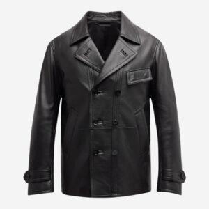 Men's Black Double-Breasted Leather Pea Coat Jacket
