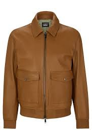 Men's Tan Leather Bomber Jacket with Flap Pockets