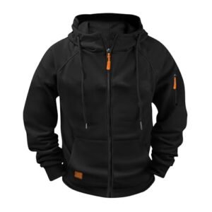 Men's Black Tactical Full-Zip Hoodie | Performance Raglan Fleece Sweatshirt with Utility Pockets & Contrast Zippers