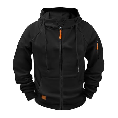Men's Black Tactical Full-Zip Hoodie | Performance Raglan Fleece Sweatshirt with Utility Pockets & Contrast Zippers