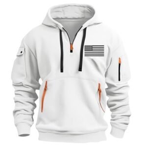 Men's Tactical White Quarter-Zip Hoodie | Utility Pocket Sweatshirt with US Flag Patch & Orange Zippers