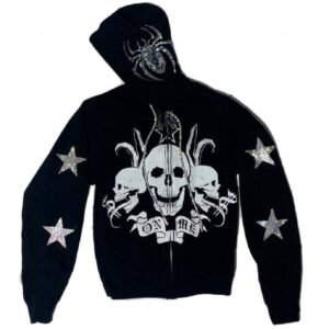 Y2K Goth Skull & Rhinestone Full-Zip Hoodie | Grunge Bunny Ears Spider Bling Sweatshirt