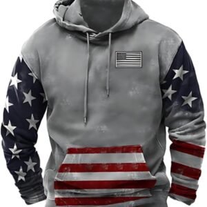 Patriotic American Flag Panel Hoodie | Gray Pullover with Stars & Stripes Sleeves and Kangaroo Pocket