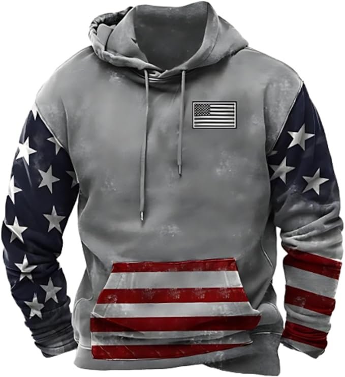 Patriotic American Flag Panel Hoodie | Gray Pullover with Stars & Stripes Sleeves and Kangaroo Pocket