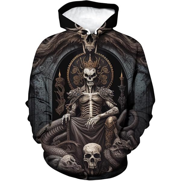 The Skeleton King on Throne 3D All-Over Print Hoodie | Gothic Death Metal Fantasy Pullover