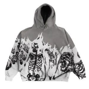Oversized Graphic Skeleton Hoodie – Grey/White | Trendy Streetwear Design