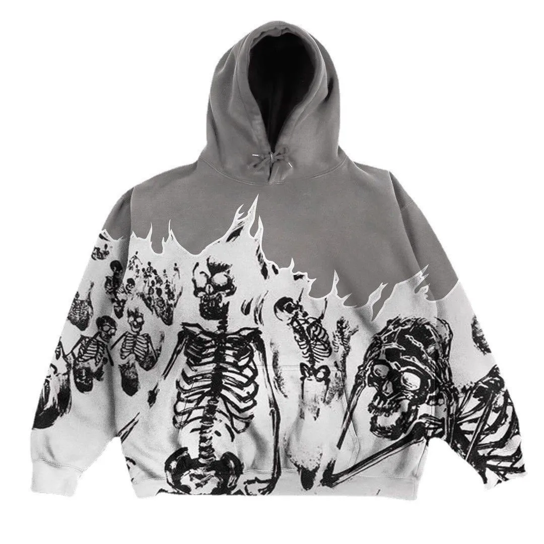 Oversized Graphic Skeleton Hoodie – Grey/White | Trendy Streetwear Design