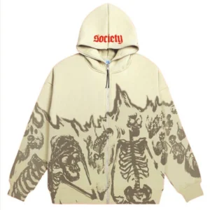 Graphic Skeleton Full-Zip Hoodie – Beige | Premium Streetwear Style