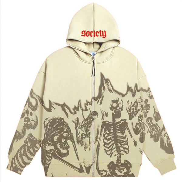 Graphic Skeleton Full-Zip Hoodie – Beige | Premium Streetwear Style